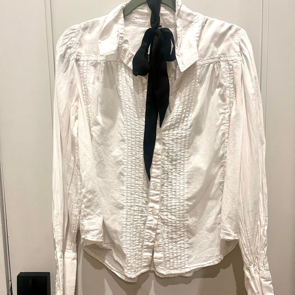 Free People Button-Down Necktie Pleated Blouse (XS)